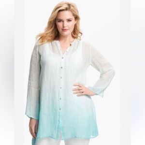 Eileen Fisher women’s teal ombré button down linen long sleeve tunic top large